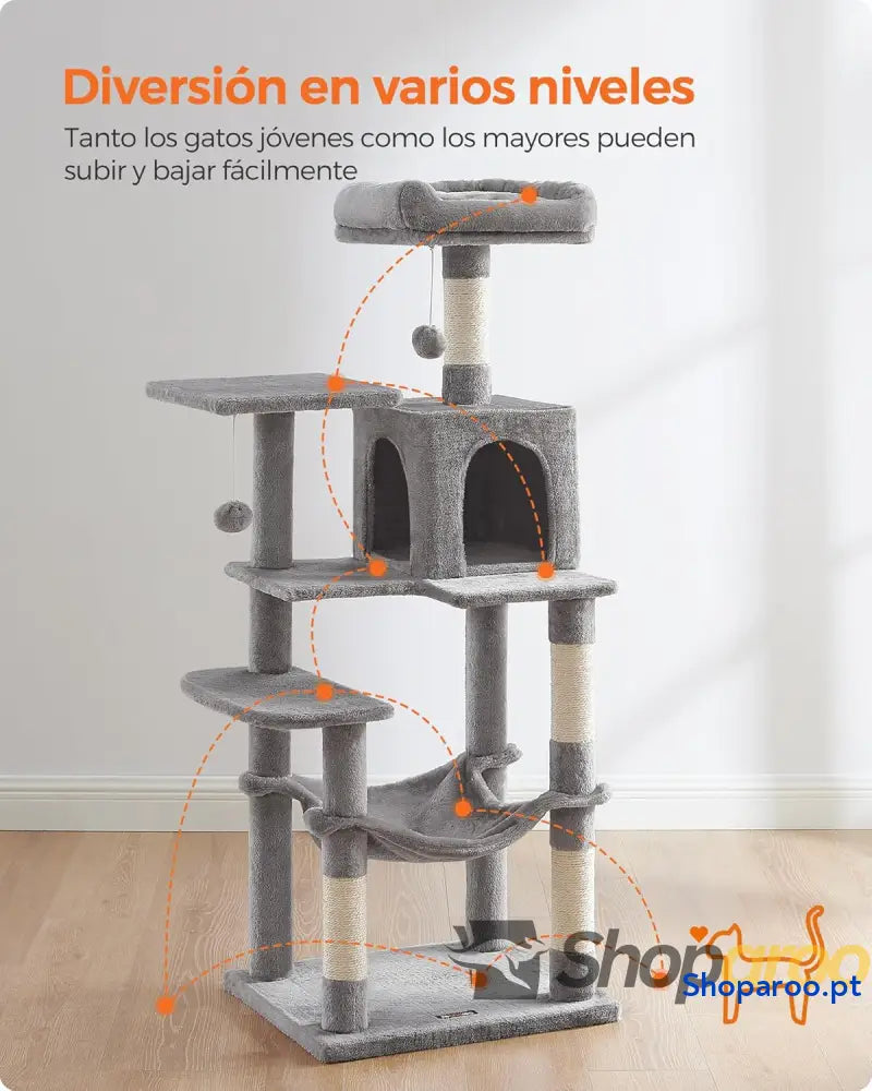 Árvore para Gatos Multinível Cinzento Claro PCT161W01 com Rede e Caverna