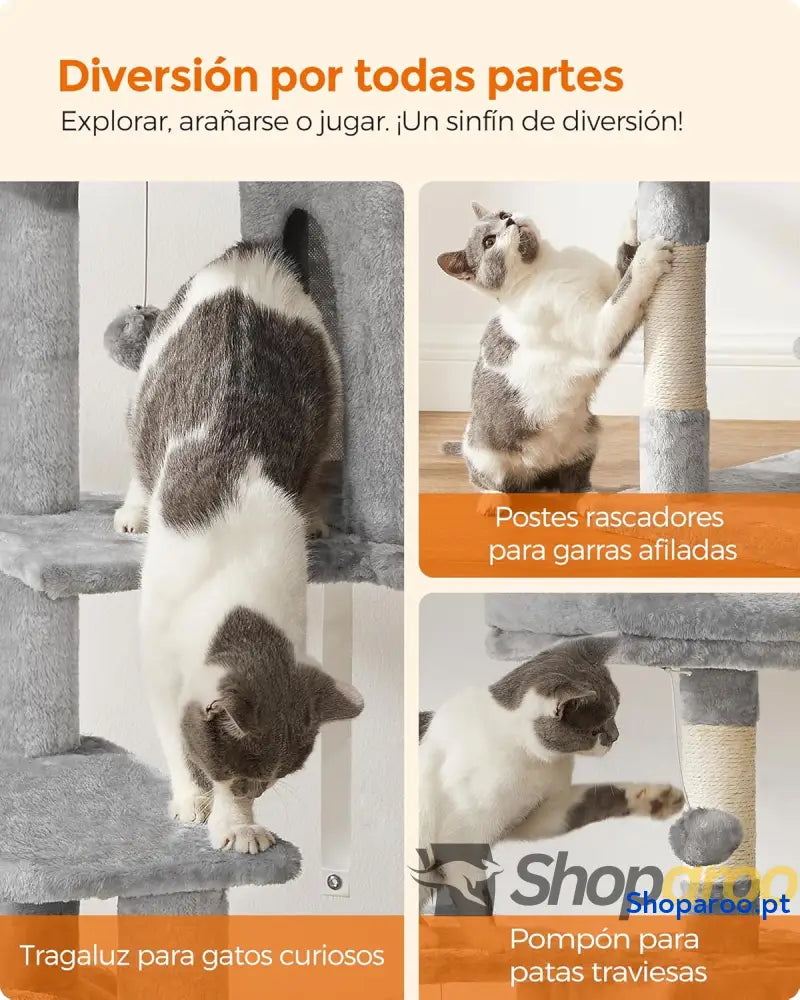 Árvore para Gatos Multinível Cinzento Claro PCT161W01 com Rede e Caverna