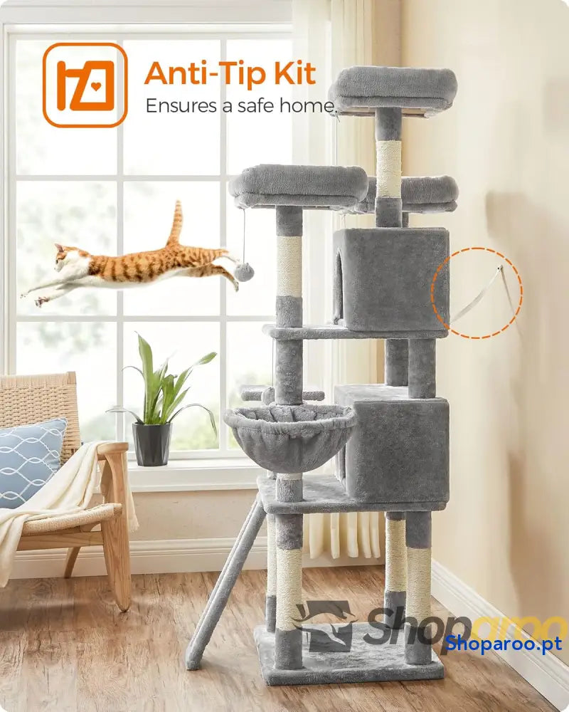 Árvore Rascador XXL para Gatos Gris Claro com Plataformas e Cesta