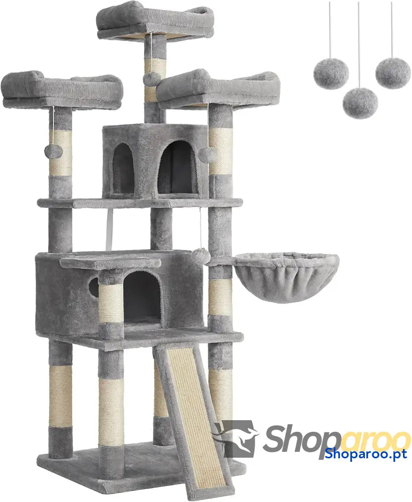 Árvore Rascador XXL para Gatos Gris Claro com Plataformas e Cesta
