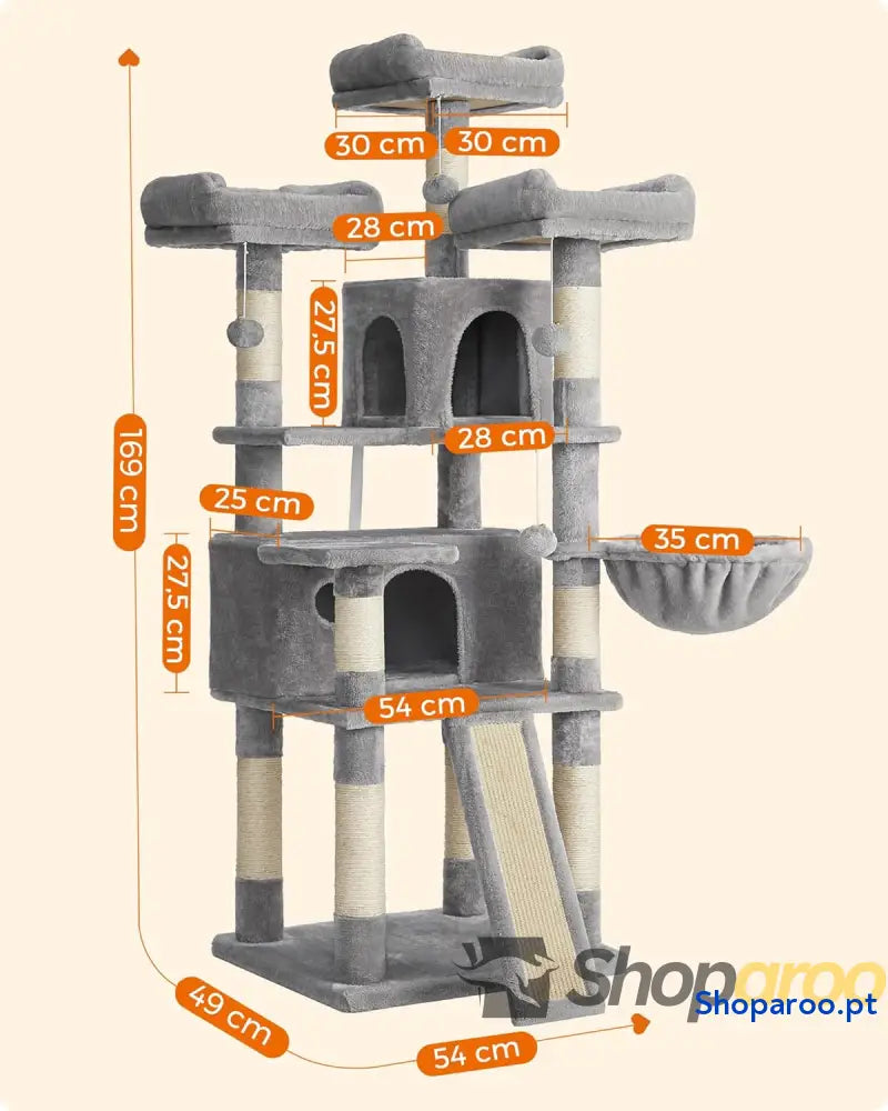 Árvore Rascador XXL para Gatos Gris Claro com Plataformas e Cesta