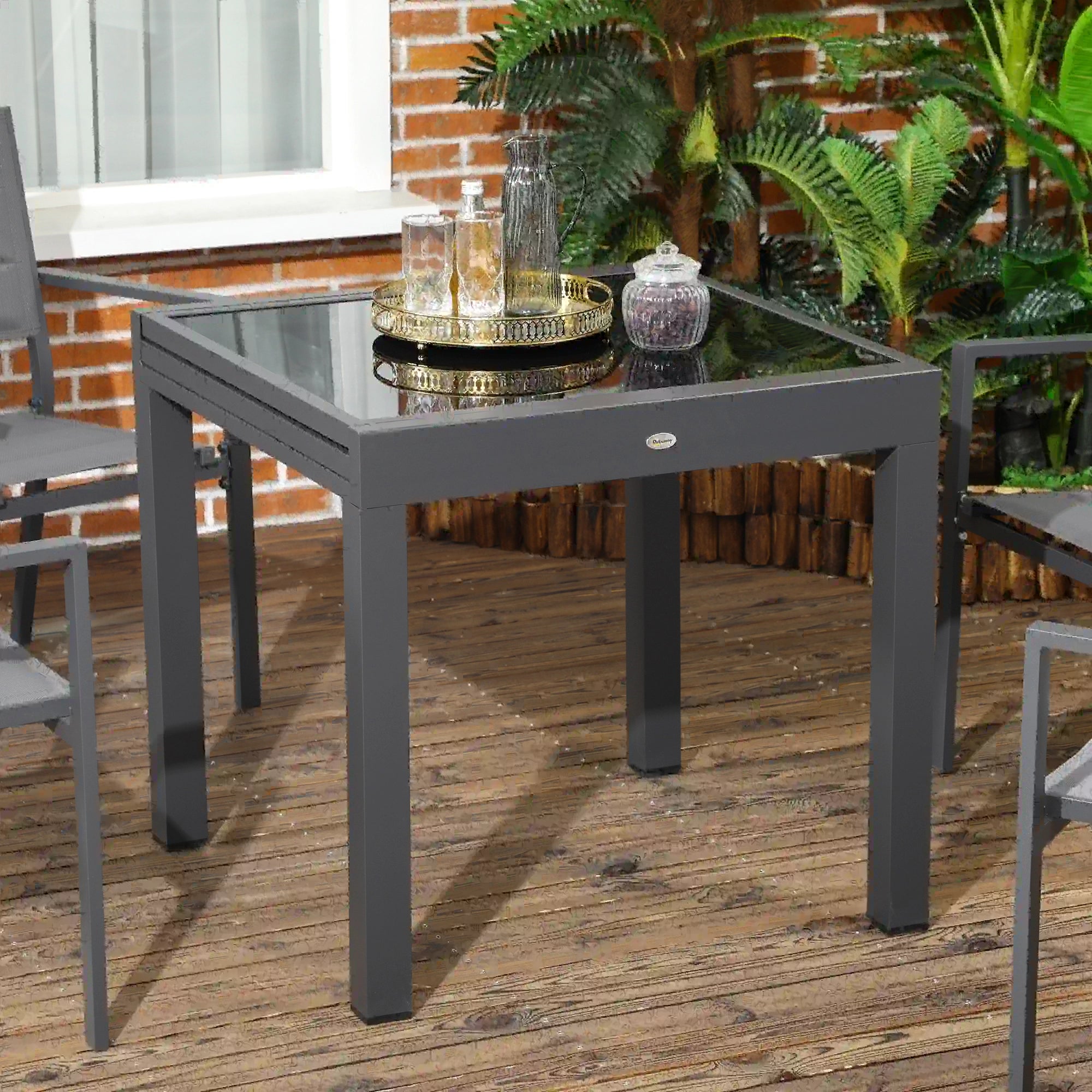 Mesa de Jardim Extensível de Alumínio com Bancada de Vidro Temperado 160x80x75 cm Preto