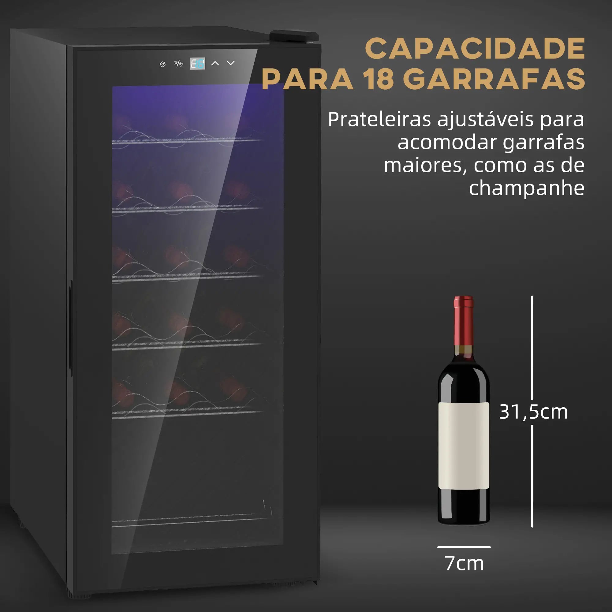 Cave de Vinho 18 Garrafas com Luz LED Ecrã Tátil Digital Controlo de Temperatura Porta de Vidro e 5 Prateleiras Preto