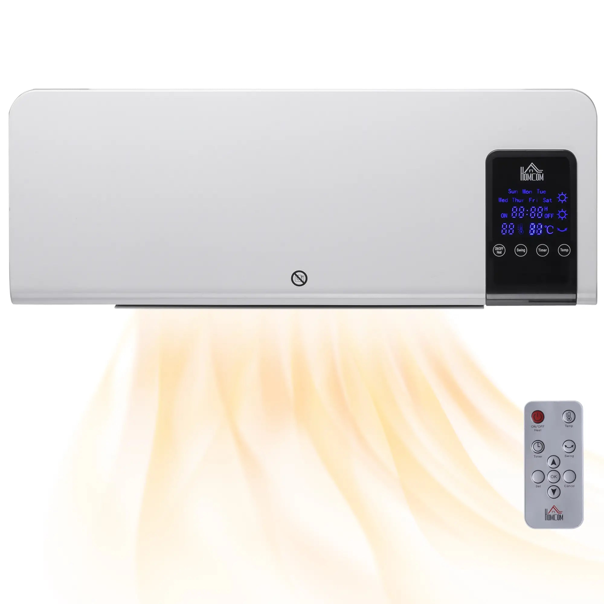 Aquecedor Elétrico de Parede 1000W/2000W Aquecedor com Ecrã LED Controlo Remoto Termostato Temporizador 54,5x12x21,5cm Branco