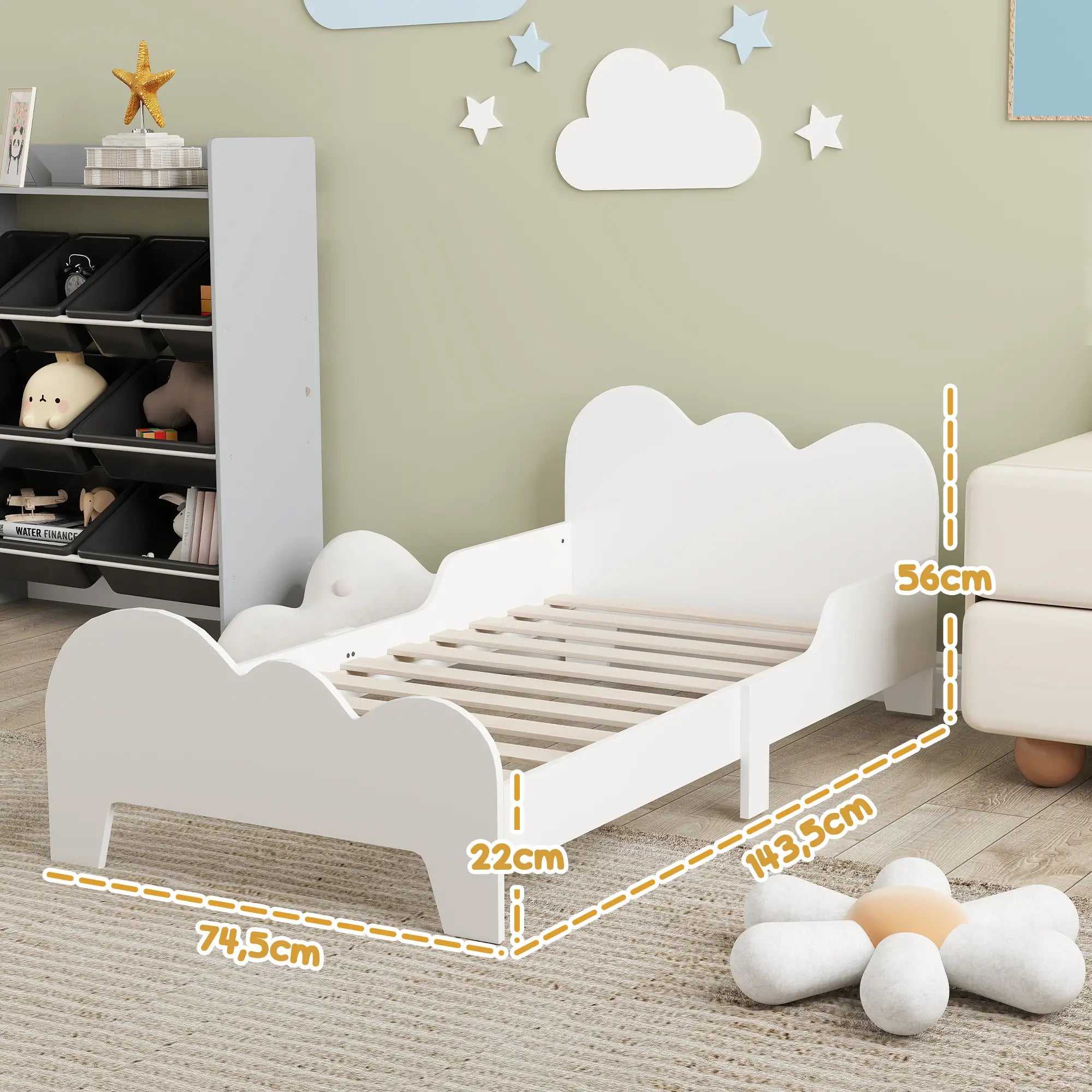 Cama para Crianças 143,5x74,5x56 cm Estrutura de Cama Infantil com Desenho de Núvem e Barreira de Segurança Branco