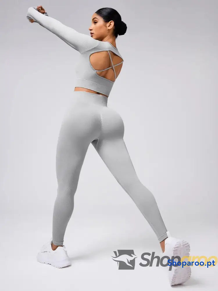 Back Crisscross Round Neck Long Sleeve Top and Leggings Active Set