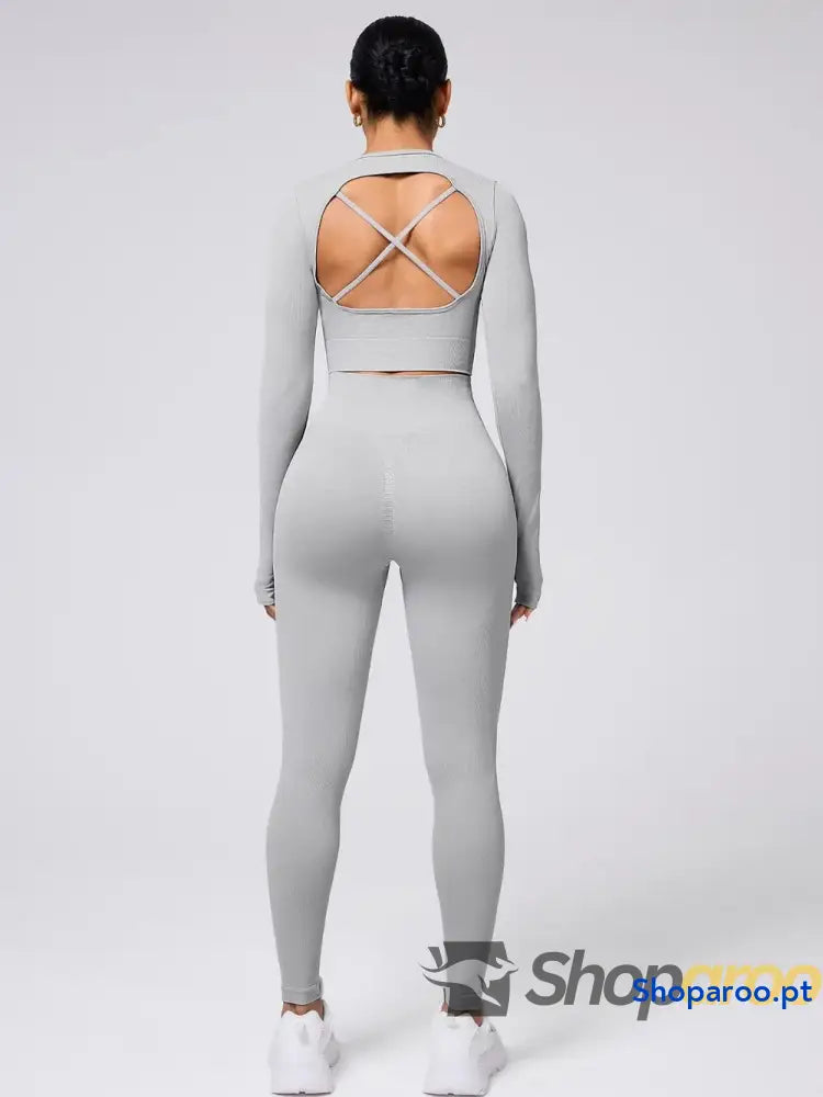 Back Crisscross Round Neck Long Sleeve Top and Leggings Active Set