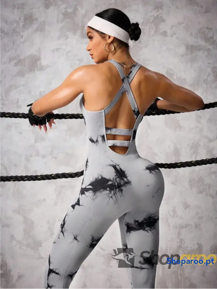 Back Crisscross Tie-Dye Scoop Neck Active Jumpsuit