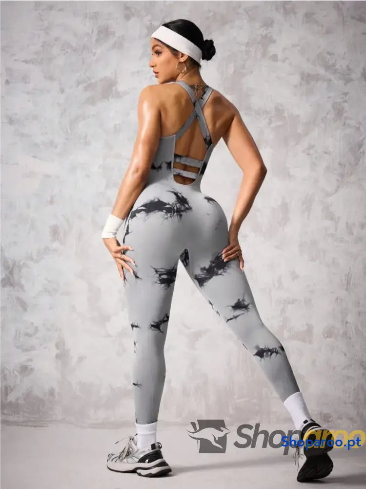 Back Crisscross Tie-Dye Scoop Neck Active Jumpsuit