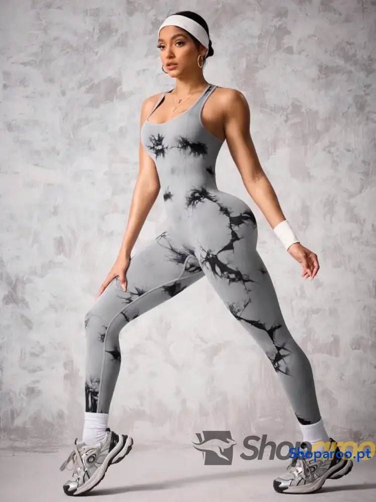 Back Crisscross Tie-Dye Scoop Neck Active Jumpsuit