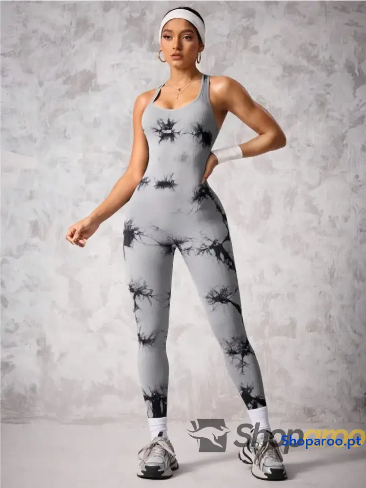 Back Crisscross Tie-Dye Scoop Neck Active Jumpsuit