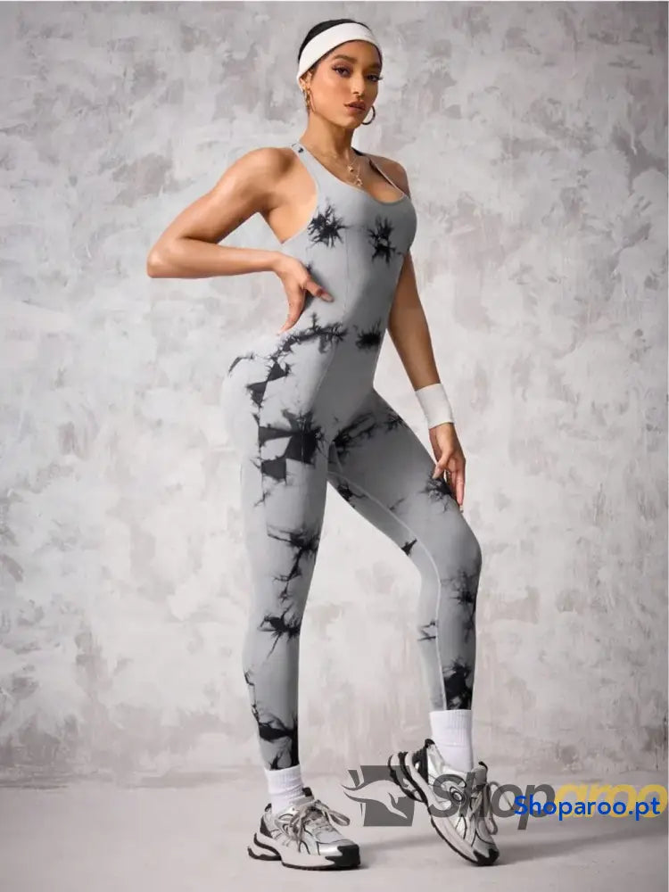 Back Crisscross Tie-Dye Scoop Neck Active Jumpsuit
