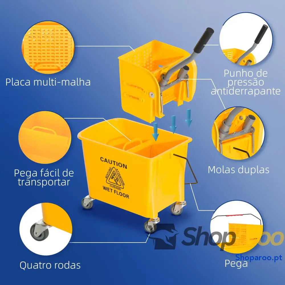 Balde de esfregona profissional 20L com rodas e prensa industrial amarelo