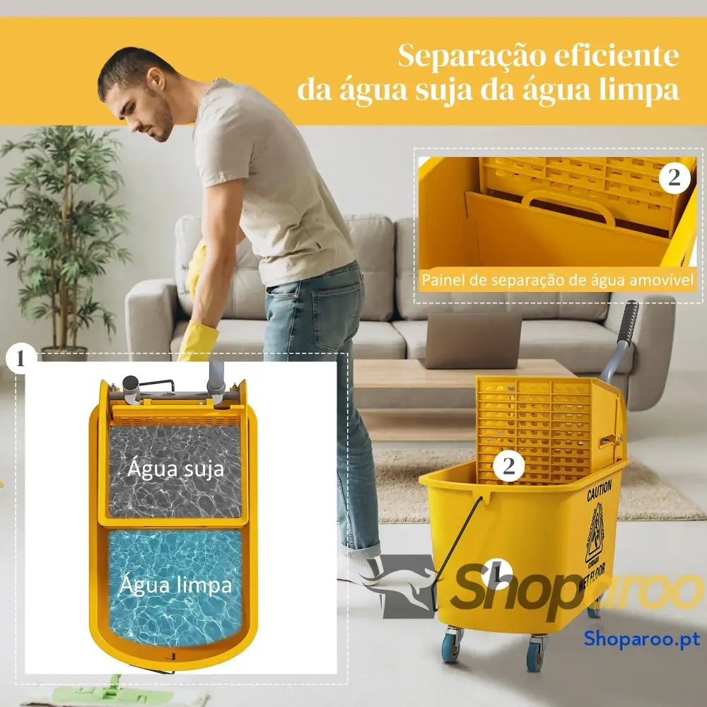 Balde de limpeza com esfregona e rodas 20L amarelo escorredor