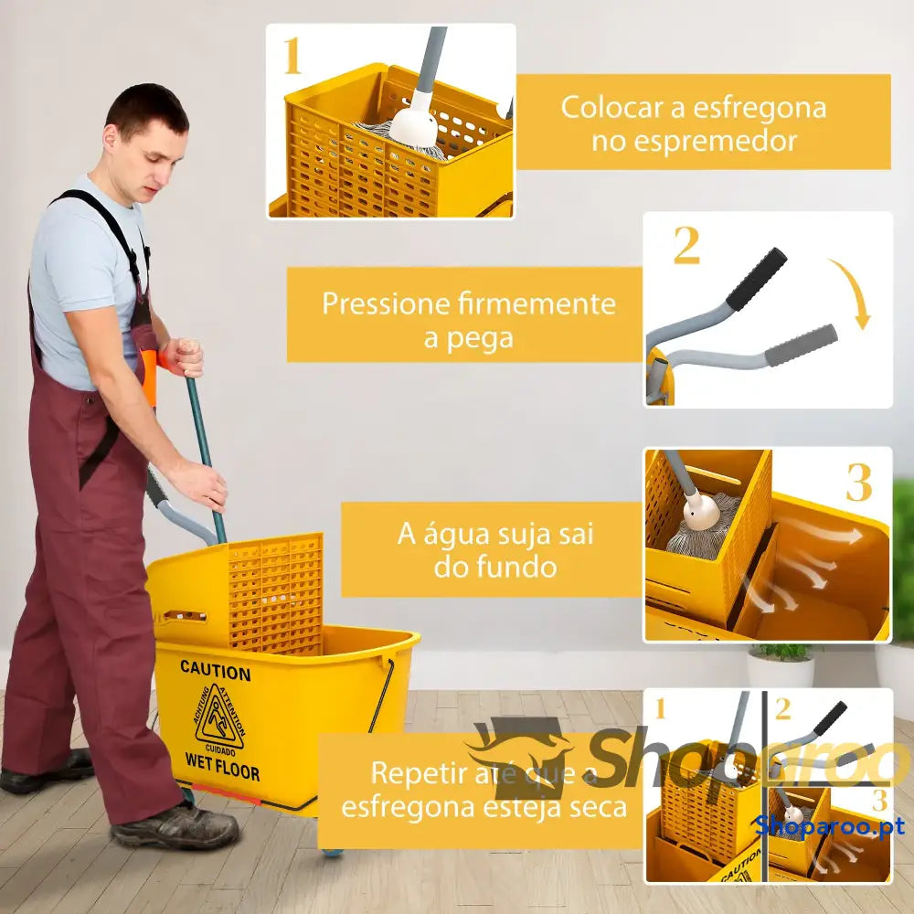 Balde de limpeza com esfregona e rodas 20L amarelo escorredor