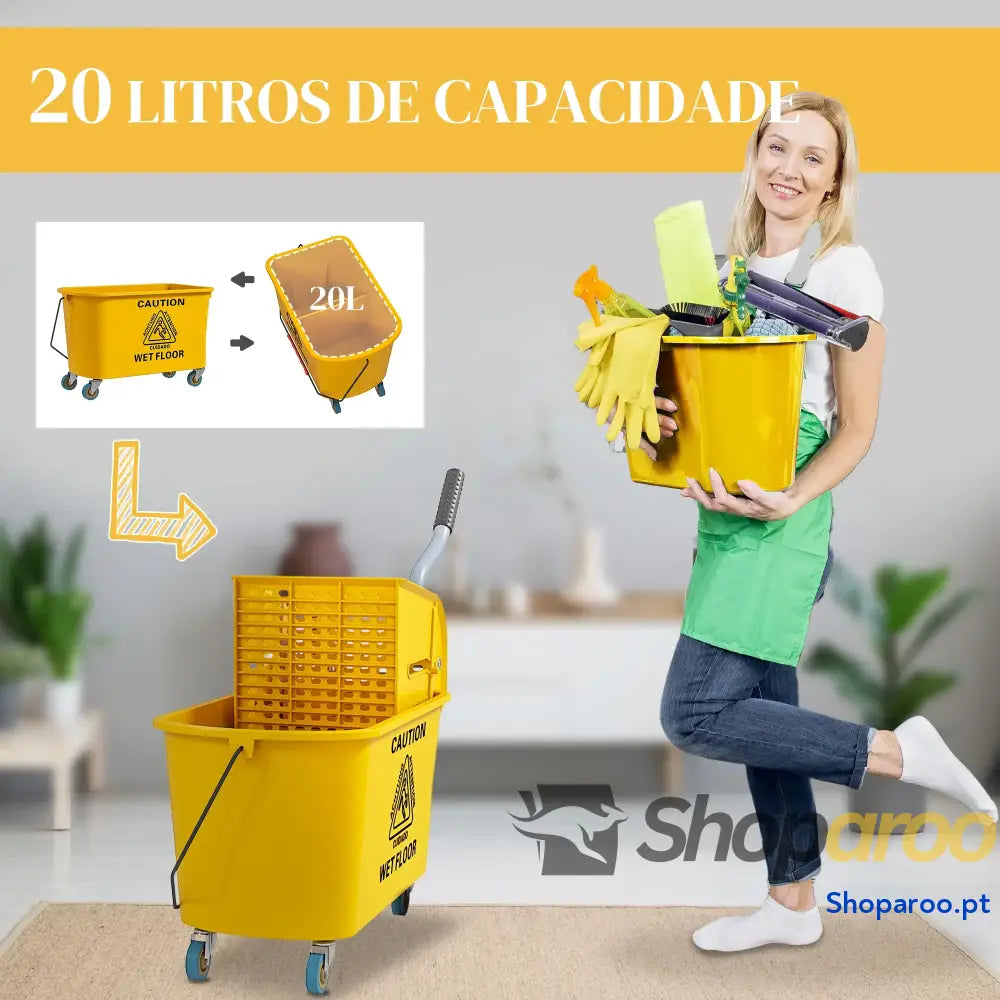 Balde de limpeza com esfregona e rodas 20L amarelo escorredor