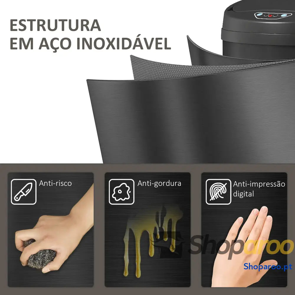Balde de lixo cozinha automático 30L inox sensor preto