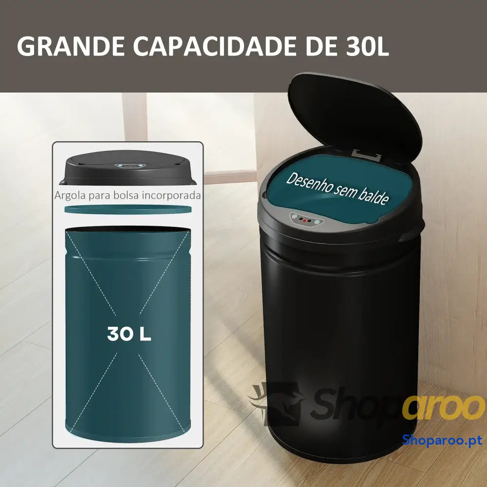 Balde de lixo cozinha automático 30L inox sensor preto