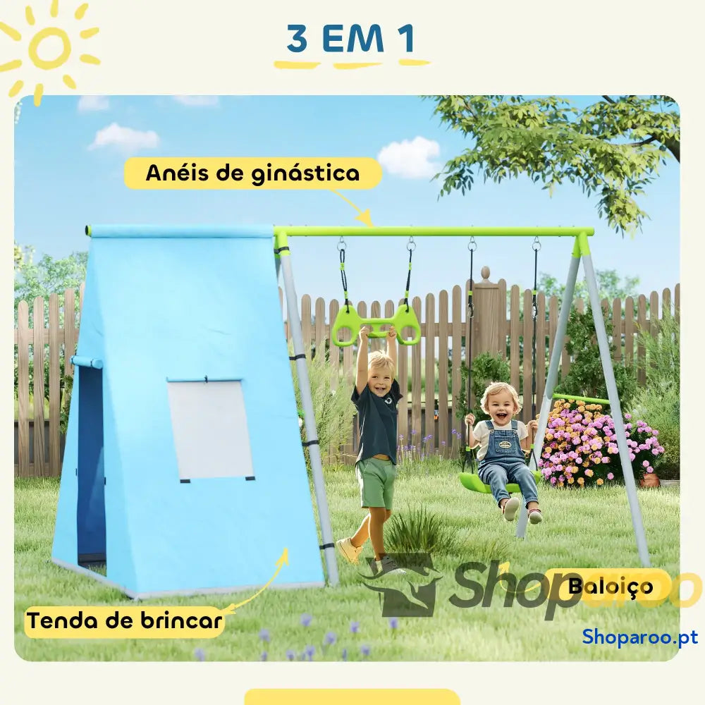 Baloiço para Crianças 3 em 1 com Tenda e Anéis Jardim Exterior