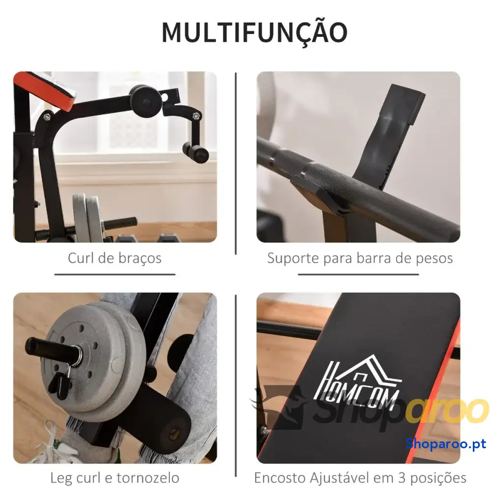 Banco de Musculação Multifuncional com Encosto Ajustável e Suporte Pesos