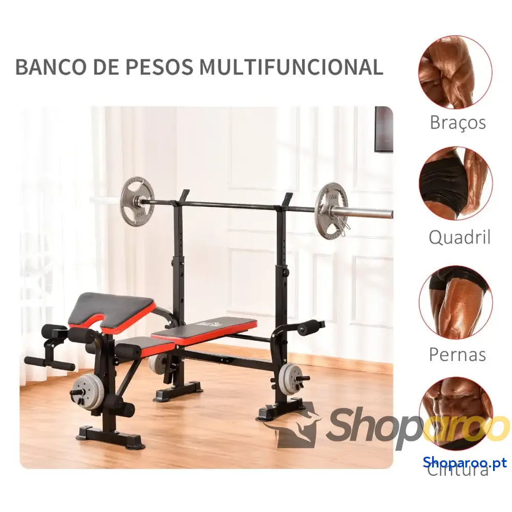 Banco de Musculação Multifuncional com Encosto Ajustável e Suporte Pesos