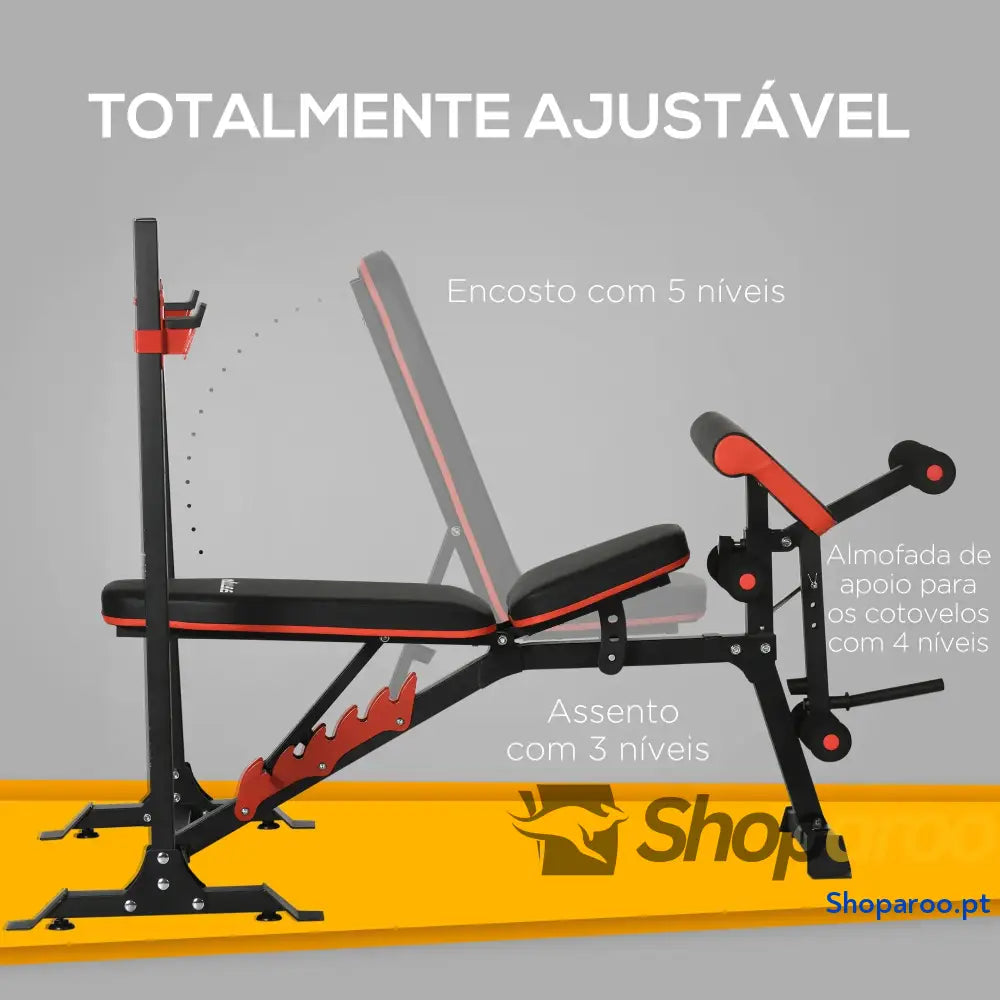 Banco de Musculação Multifuncional Pesos com Encosto Reclinável e Suporte Barras Ajustável 180x110x126 cm Preto