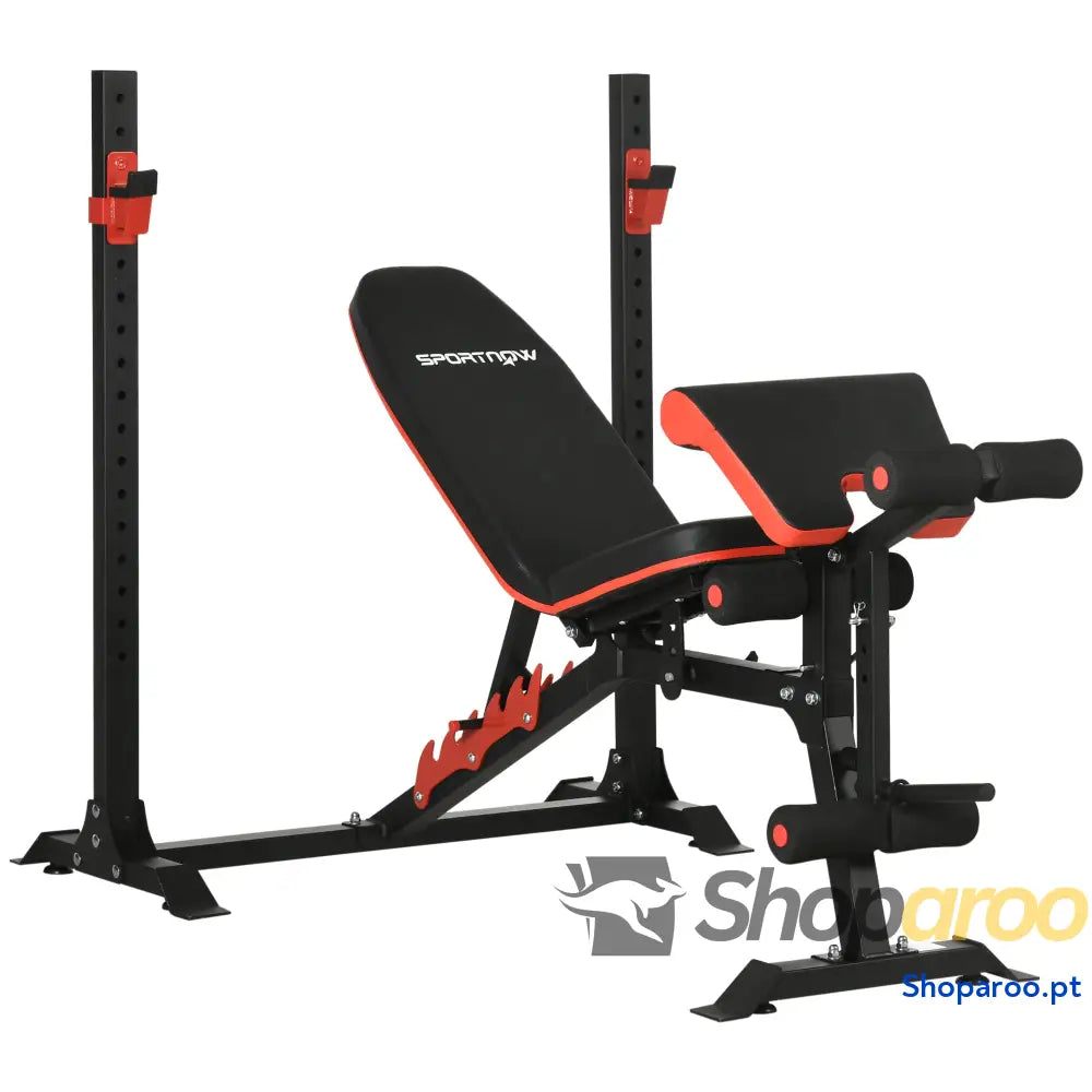 Banco de Musculação Multifuncional Pesos com Encosto Reclinável e Suporte Barras Ajustável 180x110x126 cm Preto