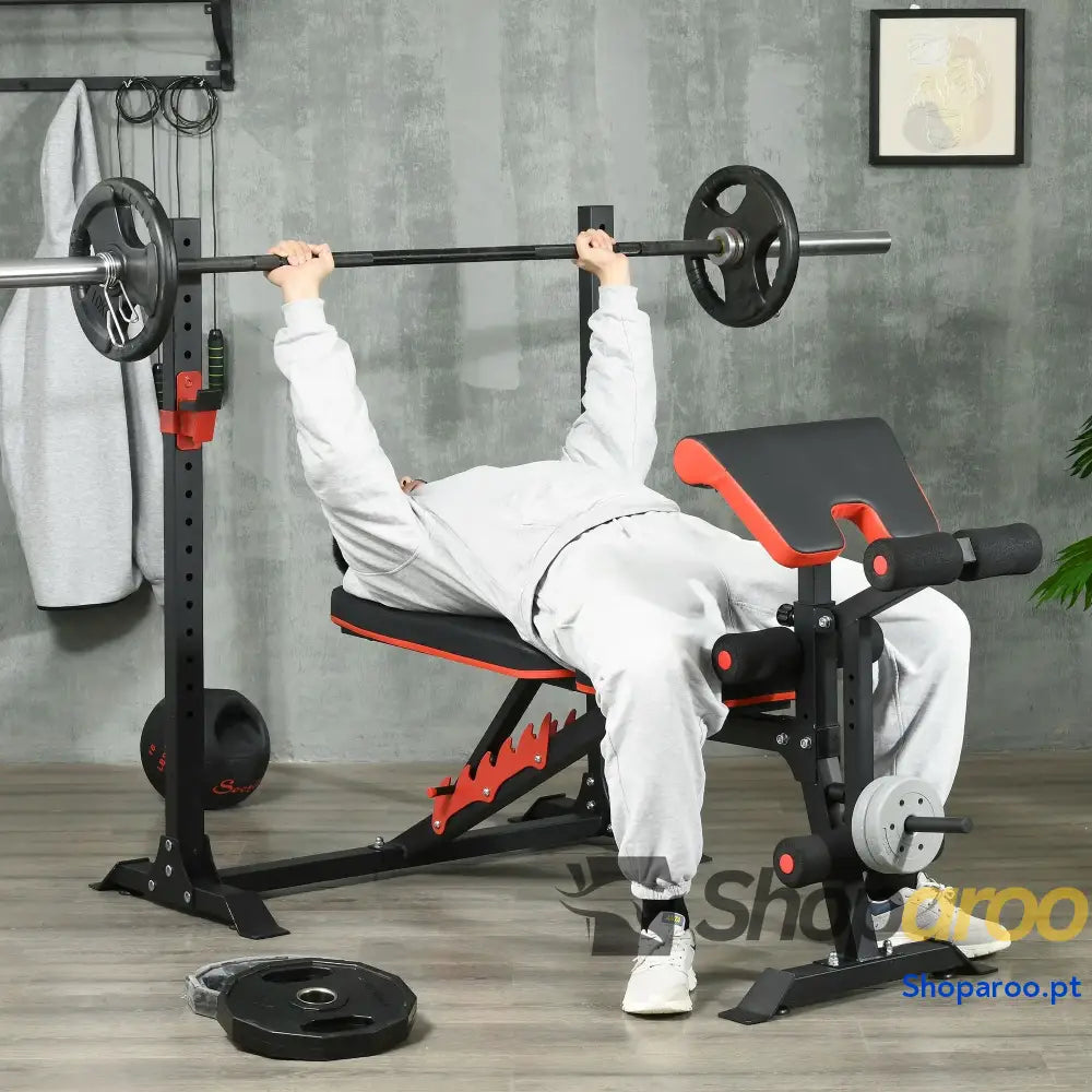 Banco de Musculação Multifuncional Pesos com Encosto Reclinável e Suporte Barras Ajustável 180x110x126 cm Preto