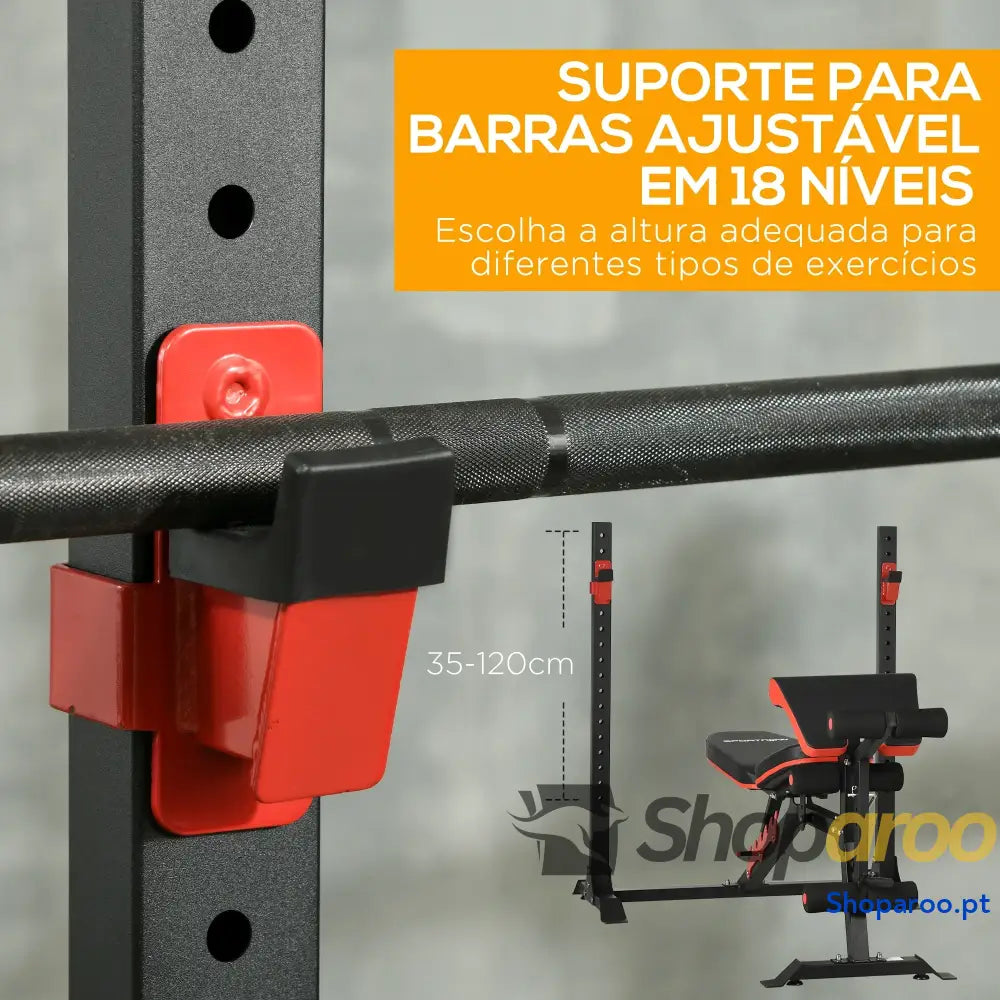 Banco de Musculação Multifuncional Pesos com Encosto Reclinável e Suporte Barras Ajustável 180x110x126 cm Preto