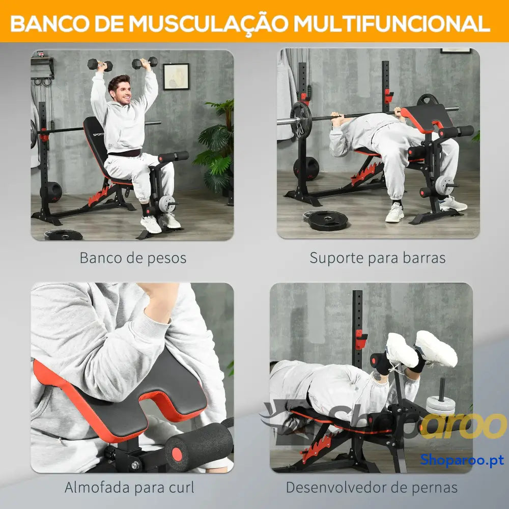 Banco de Musculação Multifuncional Pesos com Encosto Reclinável e Suporte Barras Ajustável 180x110x126 cm Preto