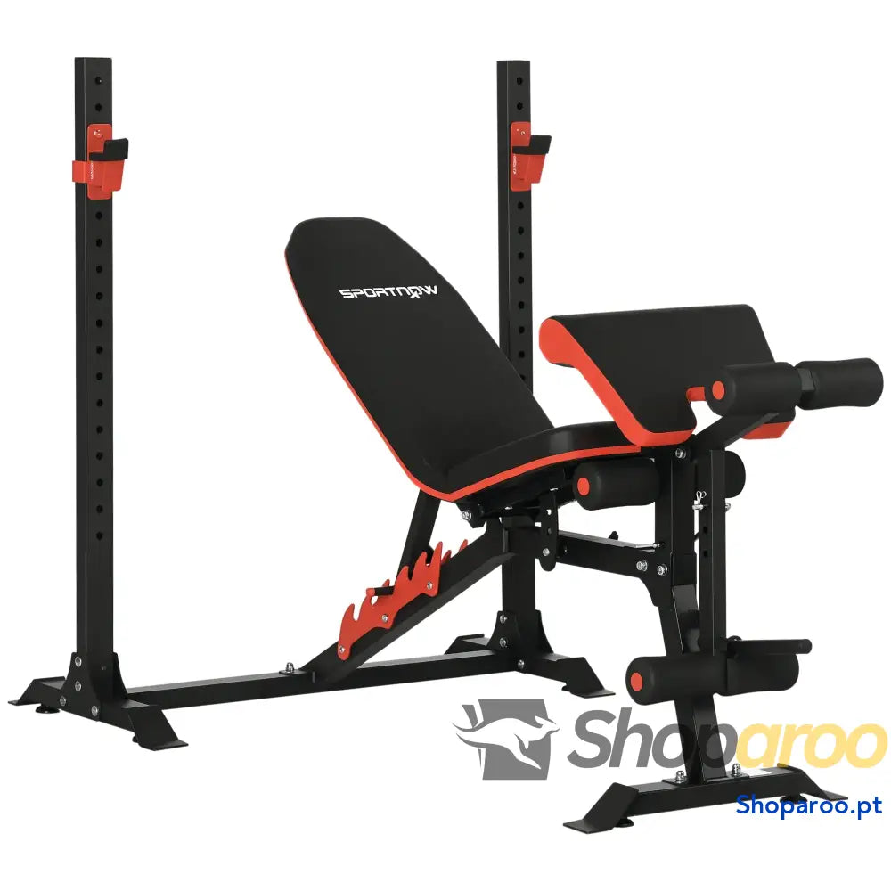 Banco de Musculação Multifuncional Pesos com Encosto Reclinável e Suporte Barras Ajustável 180x110x126 cm Preto