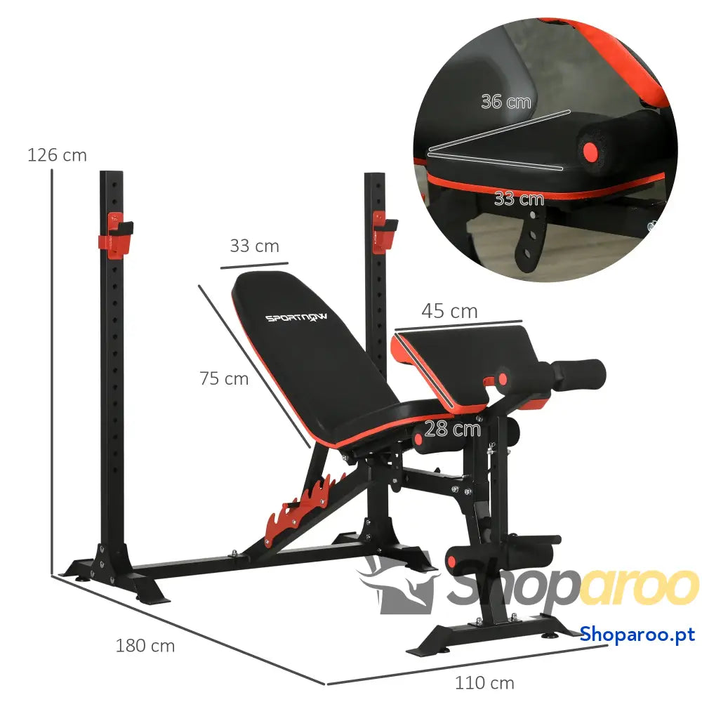 Banco de Musculação Multifuncional Pesos com Encosto Reclinável e Suporte Barras Ajustável 180x110x126 cm Preto
