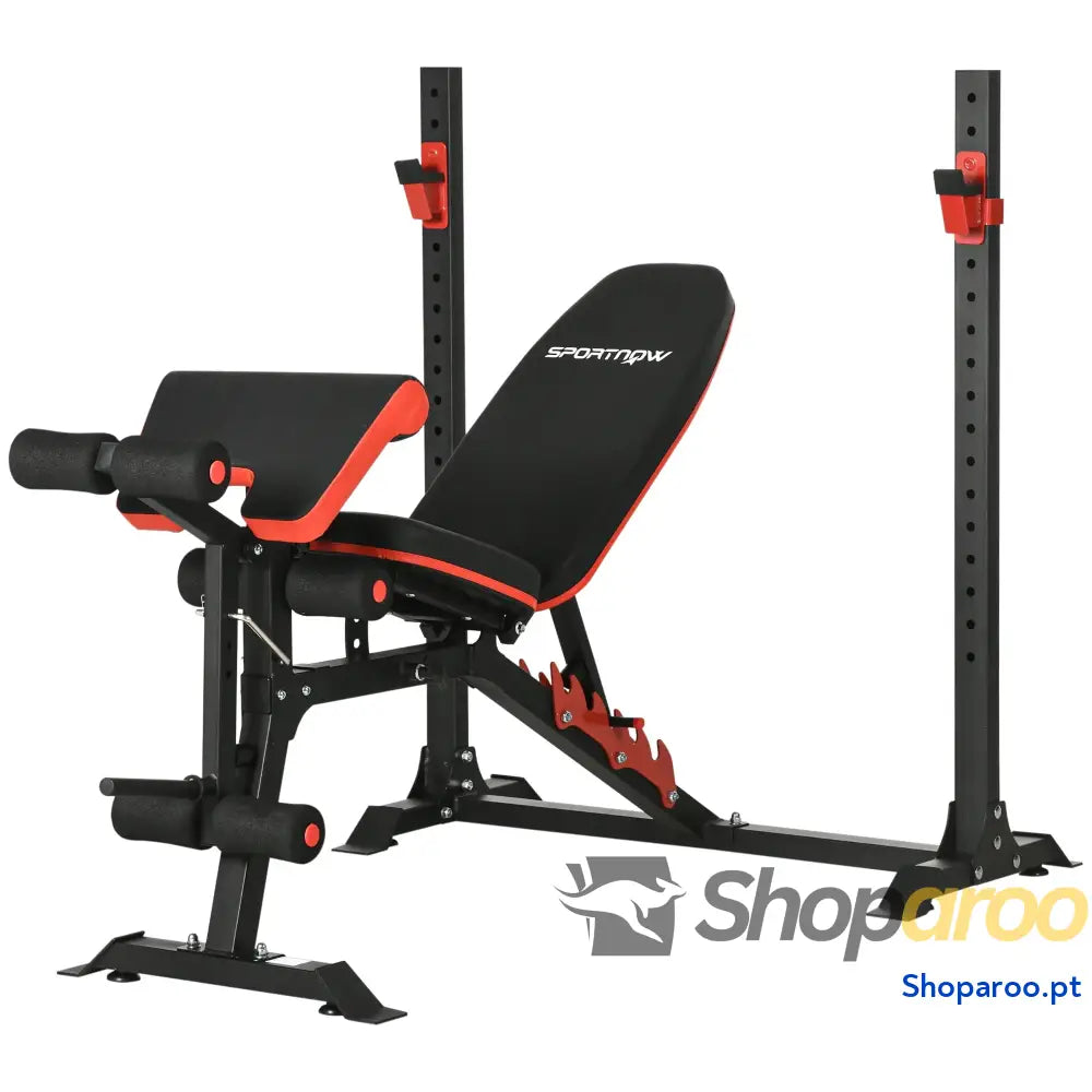 Banco de Musculação Multifuncional Pesos com Encosto Reclinável e Suporte Barras Ajustável 180x110x126 cm Preto