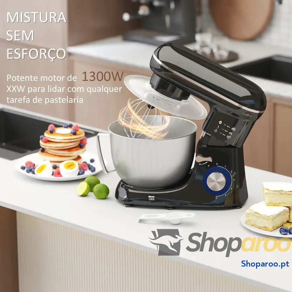 Batedeira 133W 4,5L com 6 Velocidades Tigela de Aço Inoxidável Ganchos e Proteção Tampa Anti-Respingos 35x22x29 cm Preto