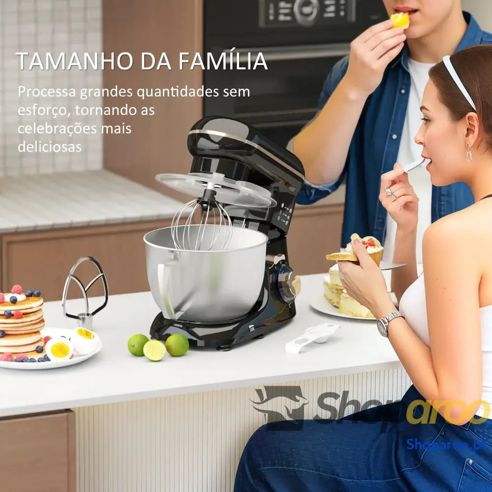 Batedeira 133W 4,5L com 6 Velocidades Tigela de Aço Inoxidável Ganchos e Proteção Tampa Anti-Respingos 35x22x29 cm Preto