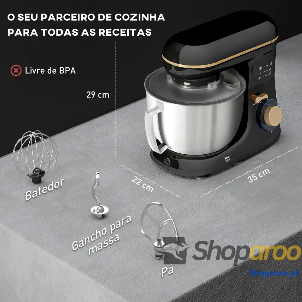 Batedeira 133W 4,5L com 6 Velocidades Tigela de Aço Inoxidável Ganchos e Proteção Tampa Anti-Respingos 35x22x29 cm Preto