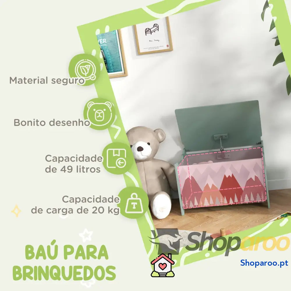 Baú de Brinquedos Organizador para Crianças 3 a 8 Anos com Estampado em Animaos 60x37x39 cm Verde