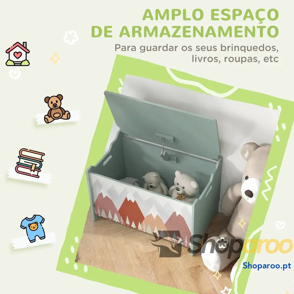 Baú de Brinquedos Organizador para Crianças 3 a 8 Anos com Estampado em Animaos 60x37x39 cm Verde