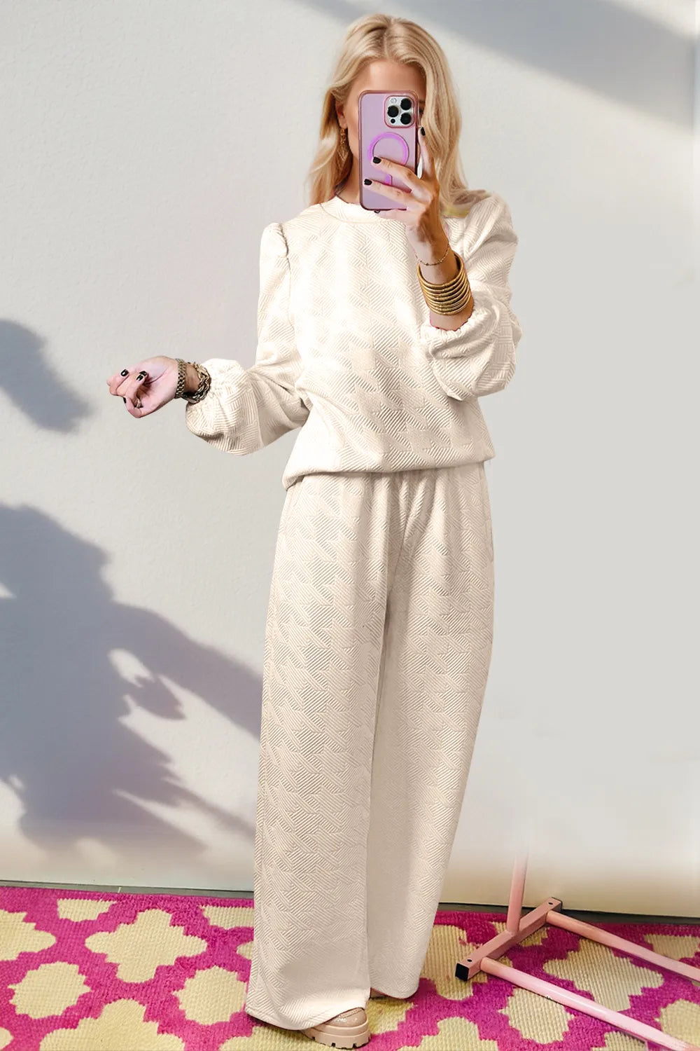 Conjunto de blusa de manga comprida e calças de perna larga Double Take Texture