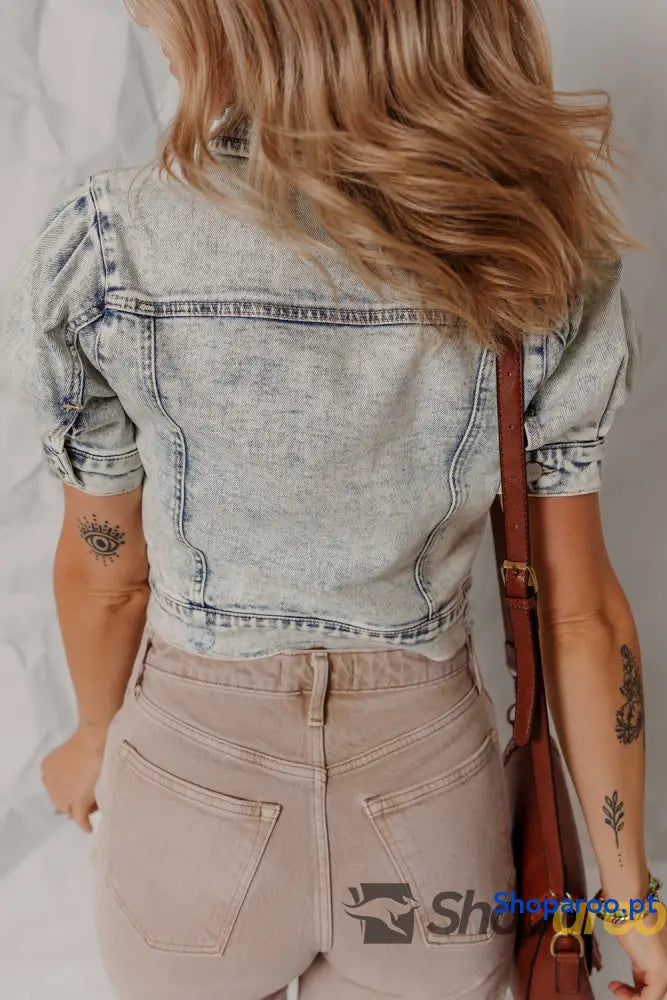 Beau Blue Light Wash Buttoned Chest Pocket Puff Sleeve Denim Jacket