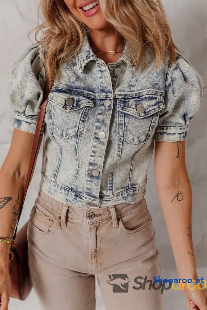 Beau Blue Light Wash Buttoned Chest Pocket Puff Sleeve Denim Jacket