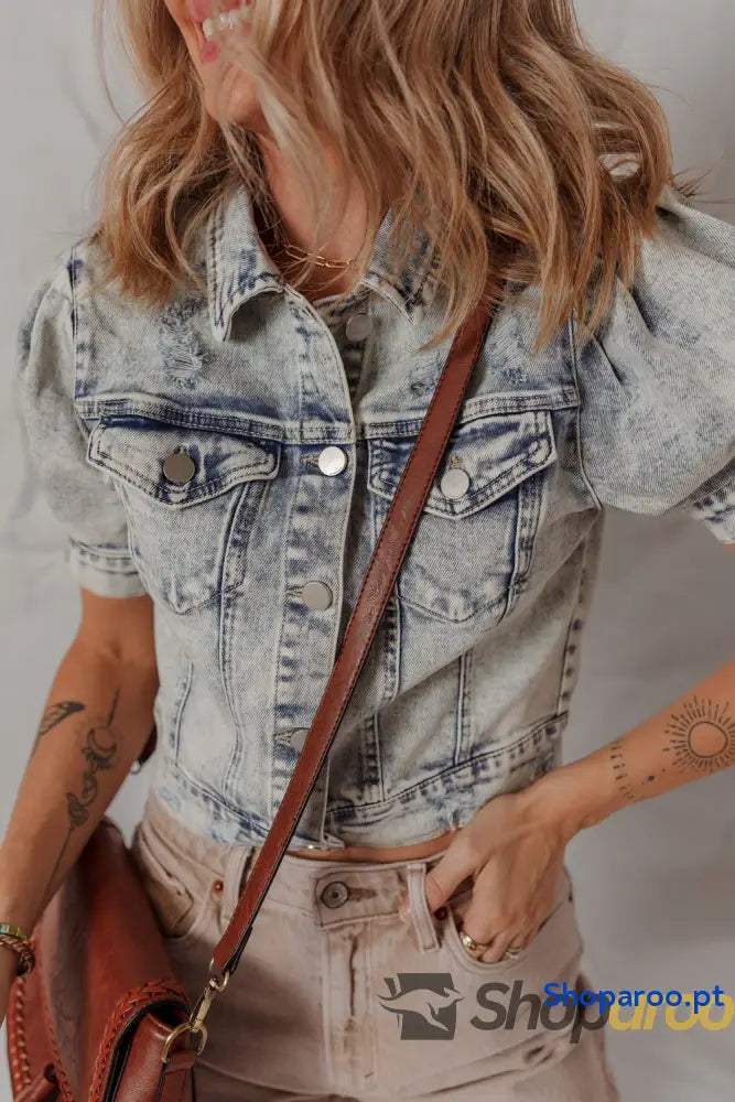 Beau Blue Light Wash Buttoned Chest Pocket Puff Sleeve Denim Jacket