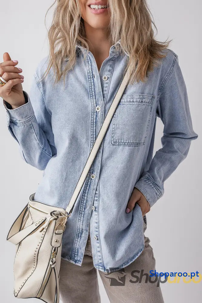 Beau Blue Long Sleeve Buttoned Chest Pocket Denim Shacket