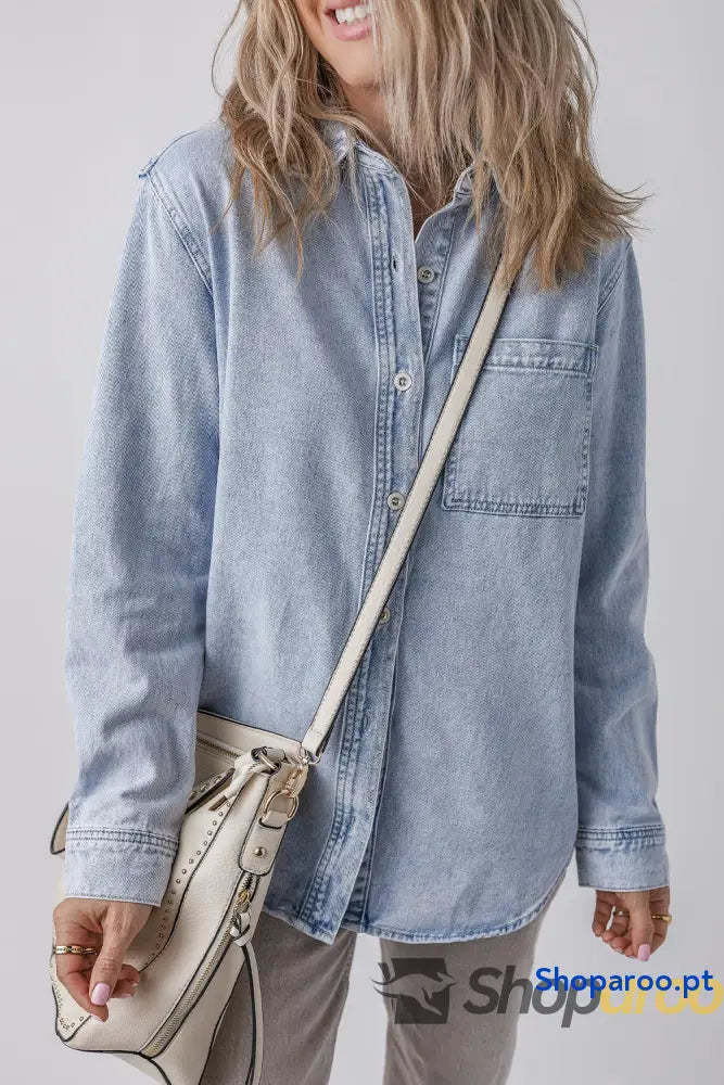 Beau Blue Long Sleeve Buttoned Chest Pocket Denim Shacket