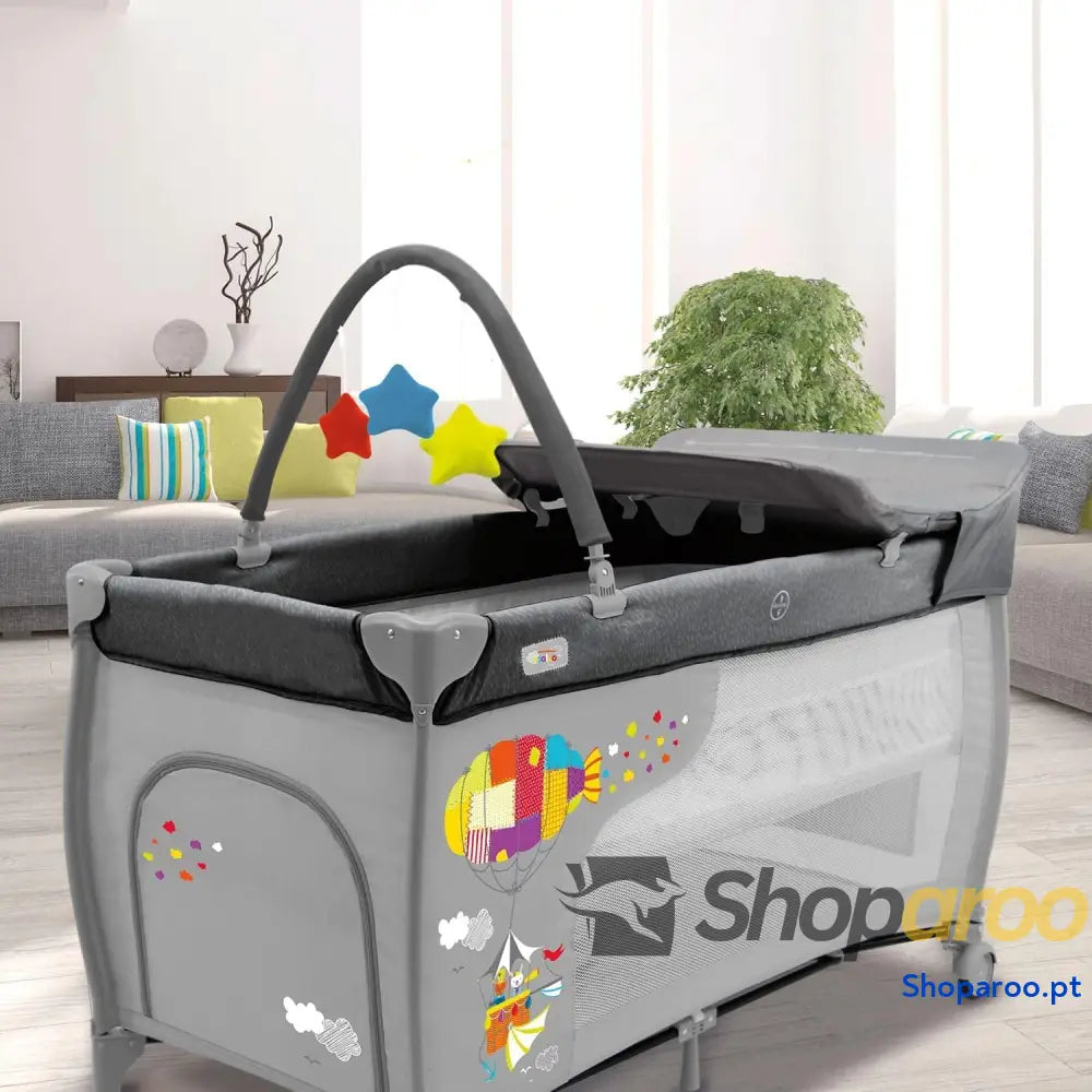 Berço de viagem 4 em 1 para bebé com altura dupla arco jogos dobrável compacto base acolchoada e bolsa transporte Mix