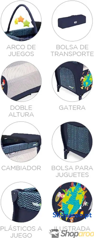Berço de viagem 4 em 1 para bebé com altura dupla arco jogos dobrável compacto base acolchoada e bolsa transporte Mix