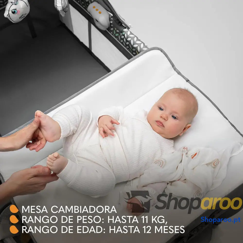 Berço de viagem para bebés 36 M crianças até 15 kg função trocador mosquiteira abertura lateral com fecho correr ajuste