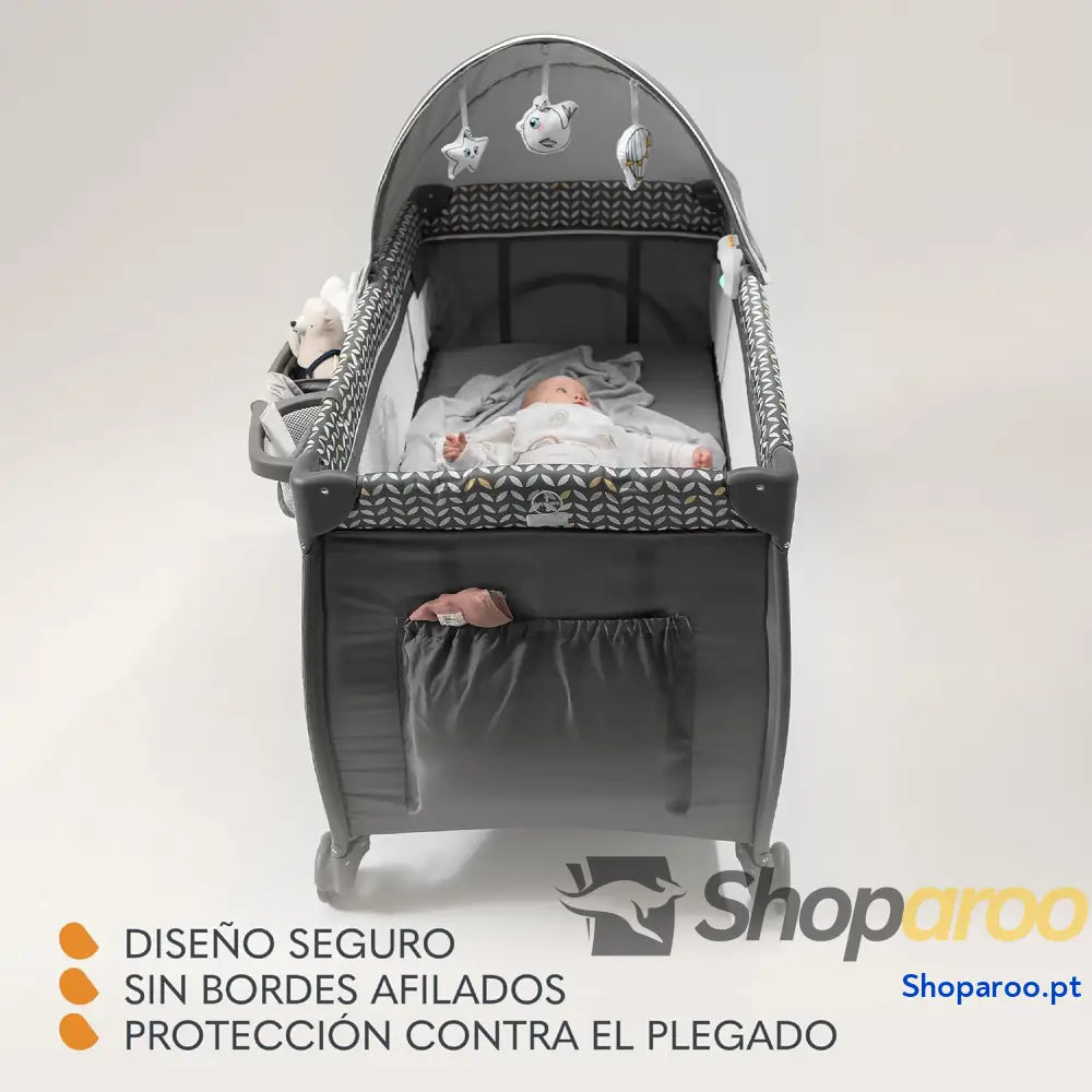 Berço de viagem para bebés 36 M crianças até 15 kg função trocador mosquiteira abertura lateral com fecho correr ajuste