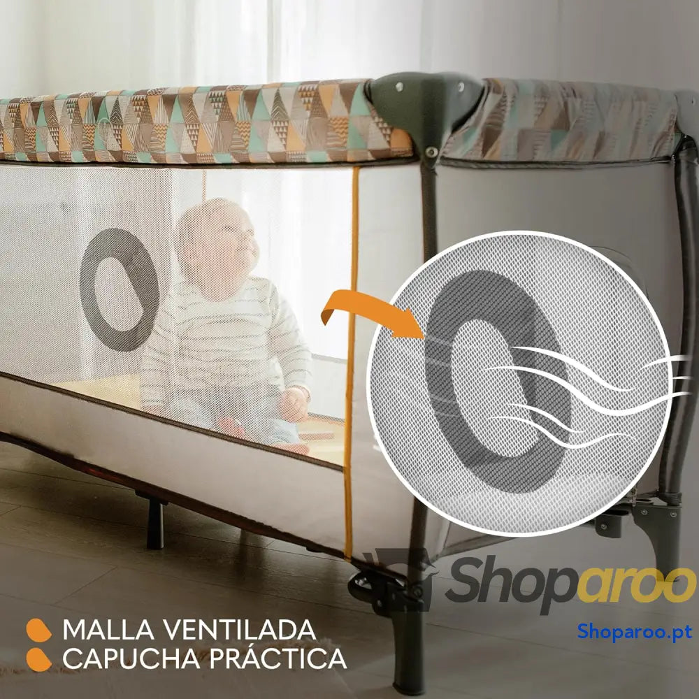 Berço de viagem para bebés 36 M crianças até 15 kg função trocador mosquiteira abertura lateral com fecho correr ajuste