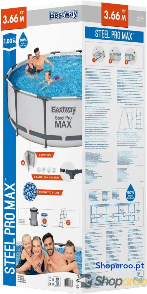 BESTWAY 56418D Piscina desmontável tubular Steel Pro Max 366 x 100 cm com filtro de cartucho 2.006 L/H e escada